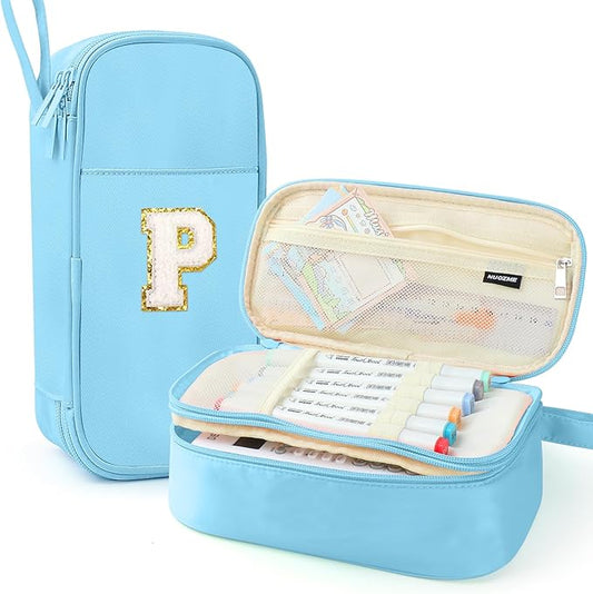 Large Pencil Case,Big Capacity Pencil Pouch,Personalized Initial Pencil Bag with smooth zipper,Multiple Pockets,Cute Aesthetic Stationery Pen Case Bag for Teen Girls College (Blue, P)