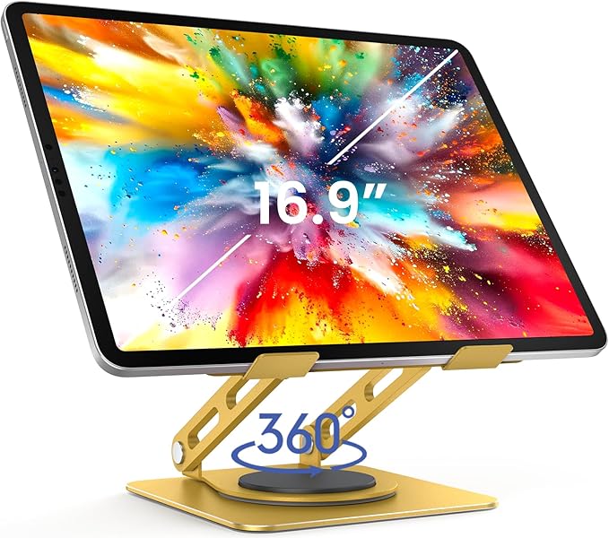 LOXP Metal Tablet Stand, 360 Rotating iPad Stand with Heavy-Duty Base, Tablet Holder Compatible with 4.0-16.9" Device, 2025 iPad Pro Air Mini, Kindle, Surface Tablet, Portable Monitors - Gold