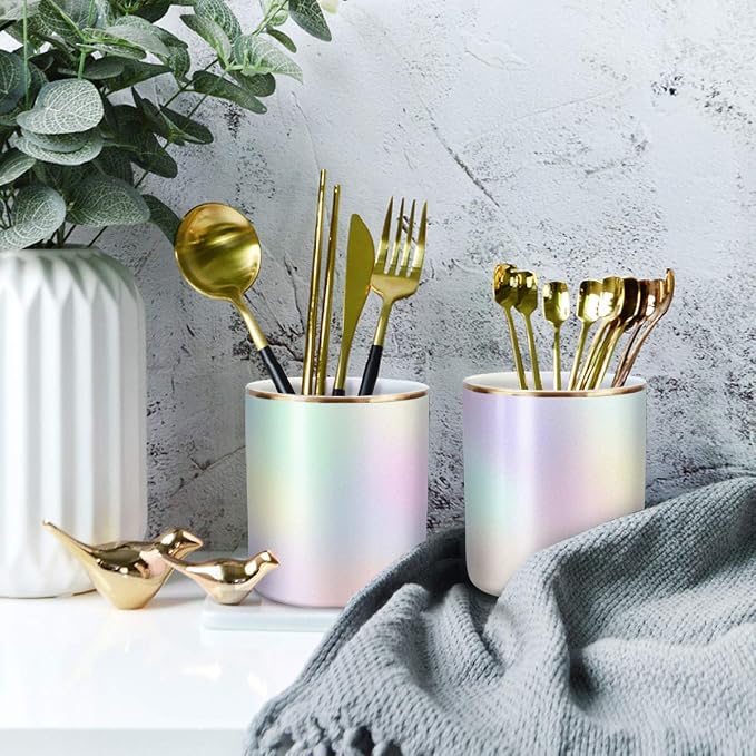 Cute Pen Holder for Desk, Pencil Cup Holder Desktop Stationery Makeup Brush Organizer Decor for Teen Girls Durable Ceramic Desk Organizer for Office, Classroom, Home, Colorful