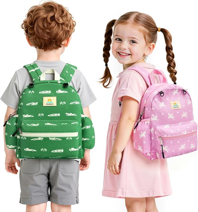STEAMEDBUN Corduroy Toddler Backpack for Girls 2-4: Kids backpack for Boys Girls - 12 inch Preschool Kindergarten Backpacks - Green Racing