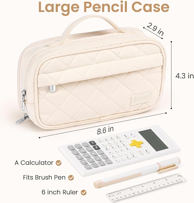 Sooez Large Pencil Case, Pencil Pouch with Handle, Pen Bag Marker Organizer | Soft Quilted, 7 Compartments, Wide Opening, Smooth Sturdy Zippers, Aesthetic Design, School Supplies for Teen Girls & Women
