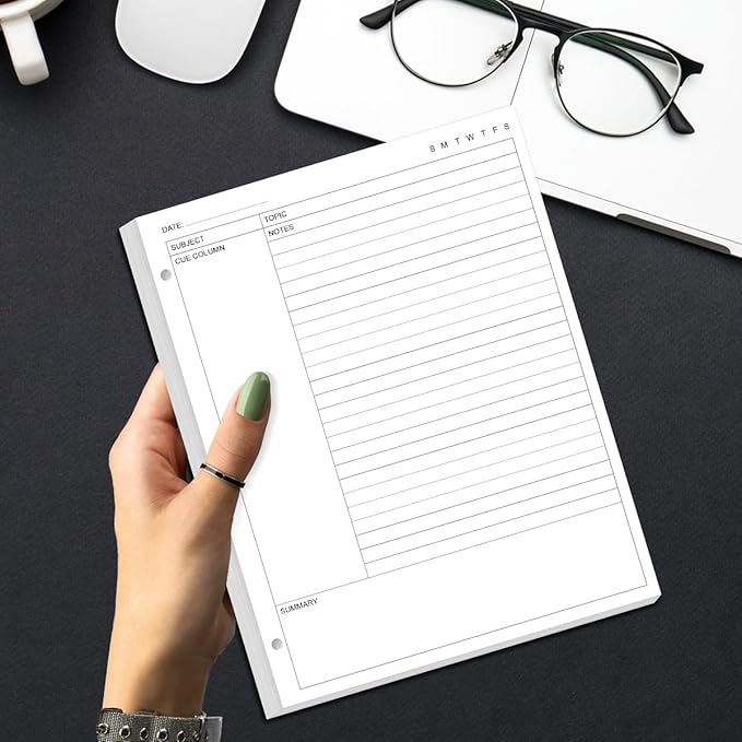 A4 Cornell Notes Filler Paper - 3 Hole Cornell Notes Loose Leaf Paper, 50Sheets / 100Pages, 100gsm, White, 8.5'' x 11''