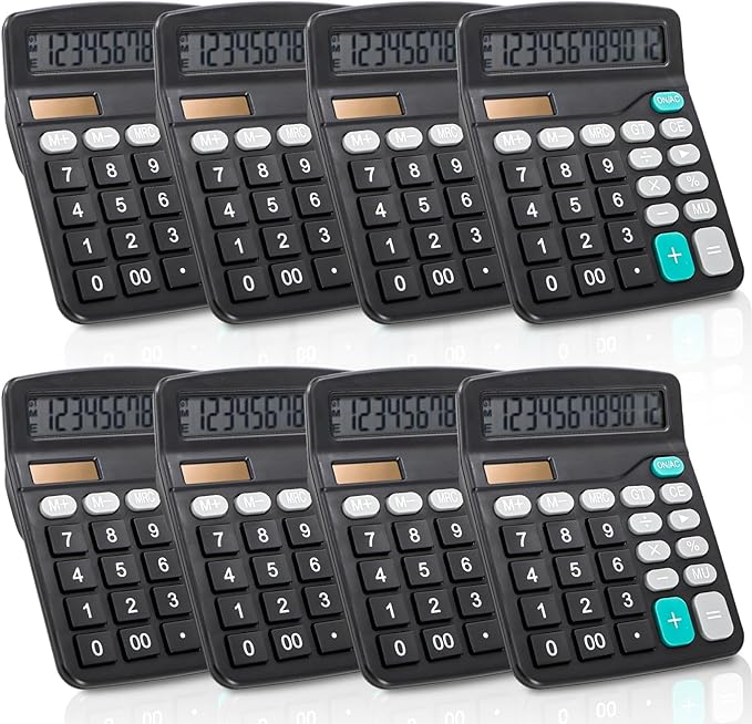 Noamus 8 Pack Desktop Calculator 12 Digit, Solar Battery Basic Calculators, Dual Power Electronic Calculators with Large LCD Display, Sensitive Button Handheld Calculator for Office Home School, Black