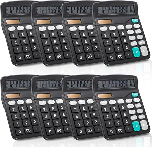 Noamus 8 Pack Desktop Calculator 12 Digit, Solar Battery Basic Calculators, Dual Power Electronic Calculators with Large LCD Display, Sensitive Button Handheld Calculator for Office Home School, Black