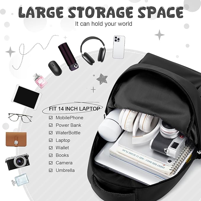 winspansy Small Backpack For School Girls Boys Aesthetic Lightweight Travel Daypack Simple Cute Backpack For Women Men College High School Bookbag Fit 14 Inch Laptop,Black