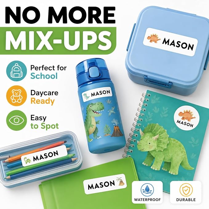 Andaz Press Custom Personalized Waterproof School Name Labels, Dinosaurs, 120-Pack, Kids Labels Combo Pack, Customizable Multi-Use Name Stickers for Preschool, Daycare, Back to School Supplies