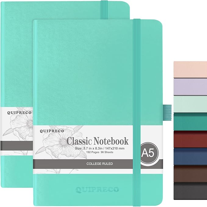 2Pack Lined Hardcover Journal Notebook, A5 192 Pages 100Gsm Thick Paper College Ruled for School,Note Taking,Work,Diary，5.7''*8.3'',Light Green