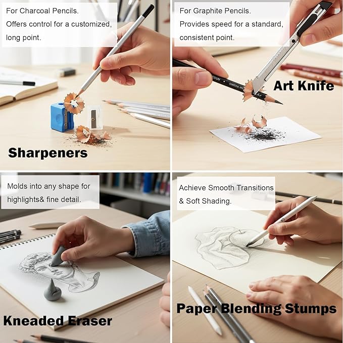 Drawing Sketching Pencil Set, 33 PCS Graphite and Charcoal Pencils with Blending Stumps, Erasers, Art Knife & Pencil Extender in Metal Box, Artist Sketching Supplies for Drawing & Shading