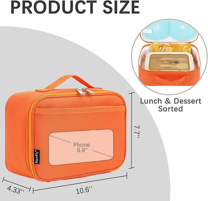 FlowFly Kids Lunch box Insulated Soft Bag Mini Cooler Back to School Thermal Meal Tote Kit for Girls, Boys, Orange