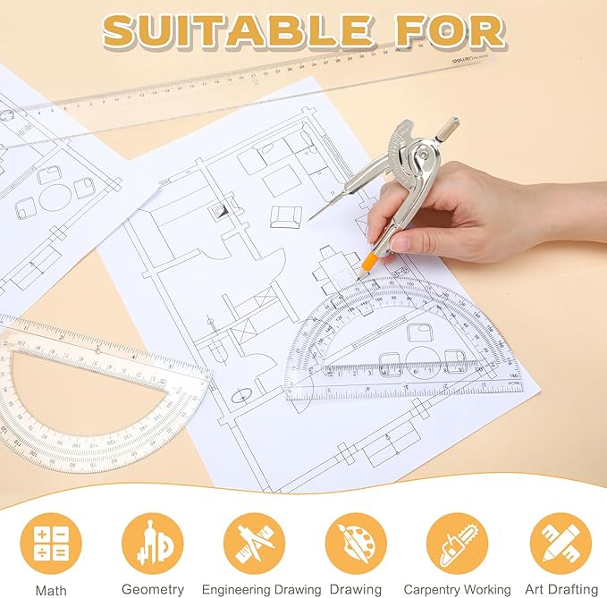 50 Pack Geometry Tool Set, Math Compass for Geometry and 6 Inch Protractor Set Include Metal Compass with Pencil and Clear Plastic Protractor for Student Classroom Office Woodworking Art Drawing