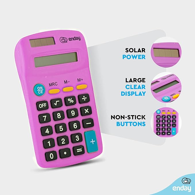 Calculator Purple, Basic Small Solar and Battery Operated, Large Display Four Function, Auto Powered Handheld Calculator School and Kids Available in Green, Red, Blue, Grey, Pink, 1 PK – by Enday
