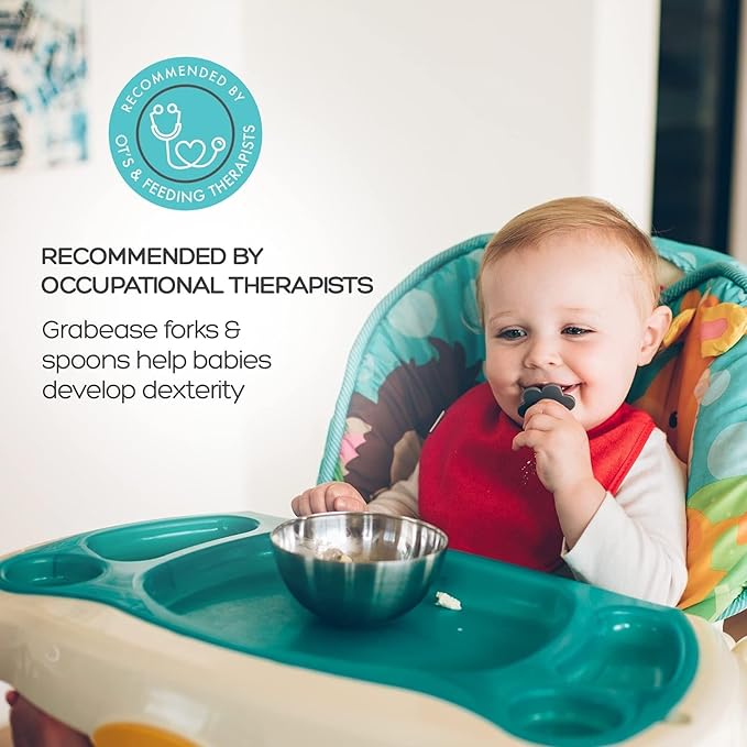 Grabease Baby Spoon & Fork Set with Case - Ergonomic Baby Utensils for Tiny Hands - Short Spoons for Self-Feeding - Training Fork for Toddlers - Ice Blue, Pack of 1