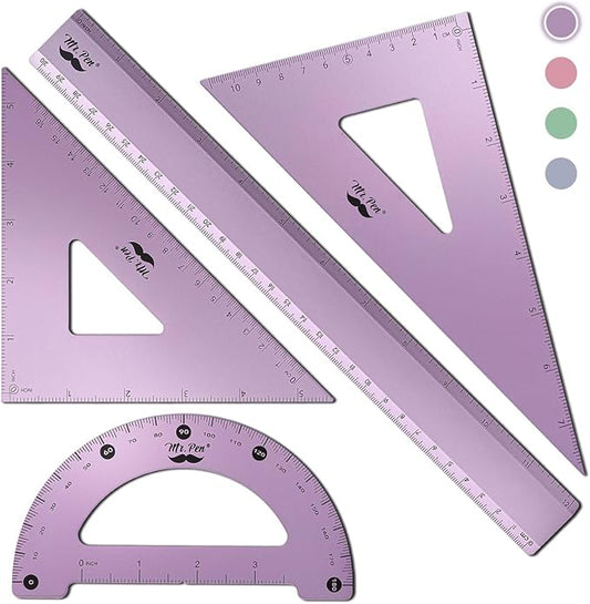 Mr. Pen- Metal Geometry Kit, 4 Pack, 45° & 30°/60° Set Squares, 6" Protractor & 12" Ruler, Durable Metal Drafting Tools for Technical Drawing, Math, Engineering & Architecture