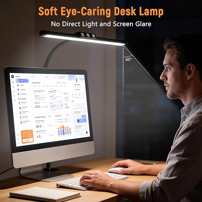 LED Desk Lamp for Home Office, Flexible Gooseneck Desk Lamp with Clamp, 5 Color Touch Control Stepless Dimming Adjustable Eye-Caring Desk Light with Adapter for Reading, Drafting, Study, Workbench