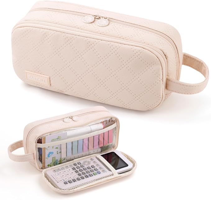 EASTHILL Large Capacity Pencil Case Cute Pencil Pouch with Handle Stationery Pen Bag for Teen Girls-Cream