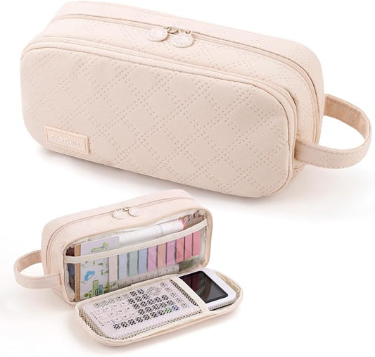 EASTHILL Large Capacity Pencil Case Cute Pencil Pouch with Handle Stationery Pen Bag for Teen Girls-Cream