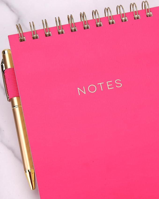 Eccolo Lined Top Spiral Notebook, Flexi-Cover Steno Pad with Pen Included and Pen Loop (240 Perforated Pages), "Notes" A5 Notepad Ideal for Note Taking in School, College or Work (Pink, 6x8.5 Inches)