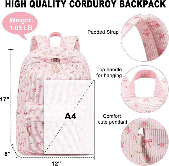BTOOP School Backpack for Girls Teens Large Corduroy Bookbag Lightweight Casual High School College Backpacks 17 inch Laptop Travel Bag (Pink Bow Floral-1)