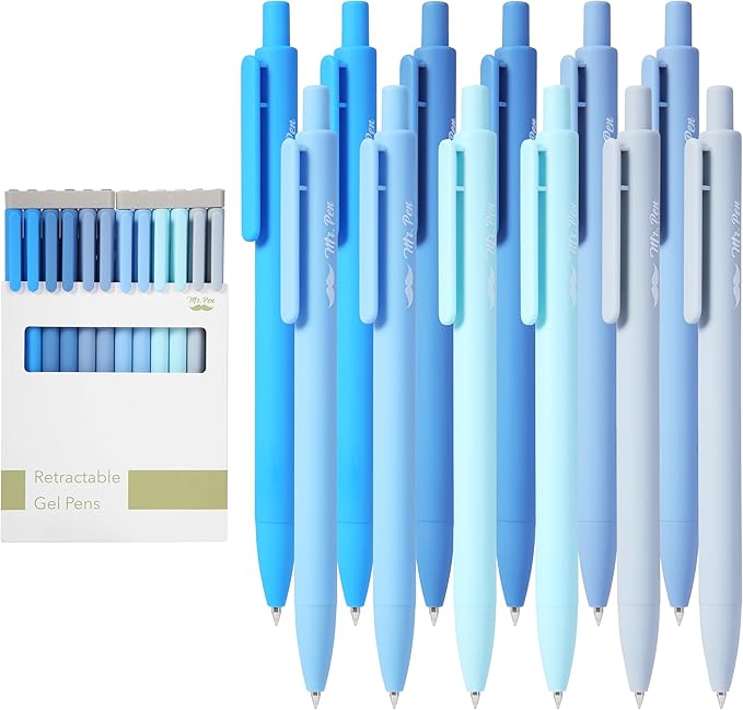 Mr. Pen- Retractable Gel Pens, 12 Pack, Black Ink, Sky Blue Barrel, Fine Point 0.5mm, Fast Dry, Smooth Writing, Cute Pens for Drawing, Writing Planner and School Supplies