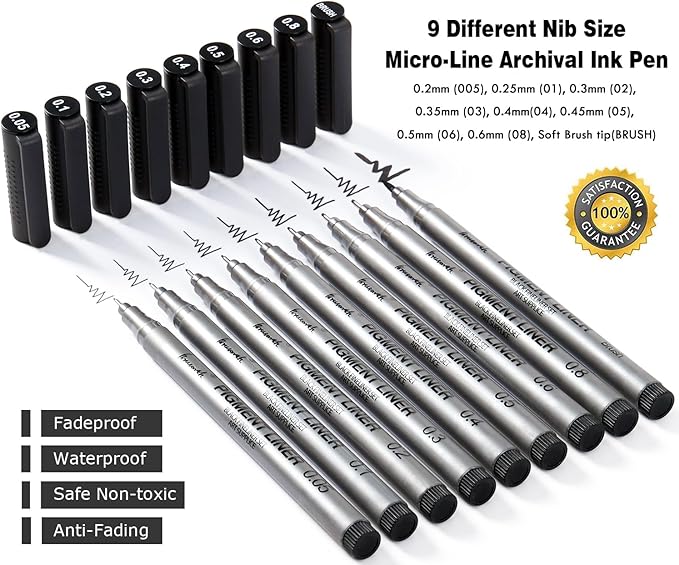 Brusarth Precision Black Micro-Pen Fineliner Ink Pens, Waterproof Archival Ink, Drawing Pen, Artist Illustration Pens, Multiliner, for Art Watercolor, Sketching, Anime, Manga, Design, 9/Set(Black)
