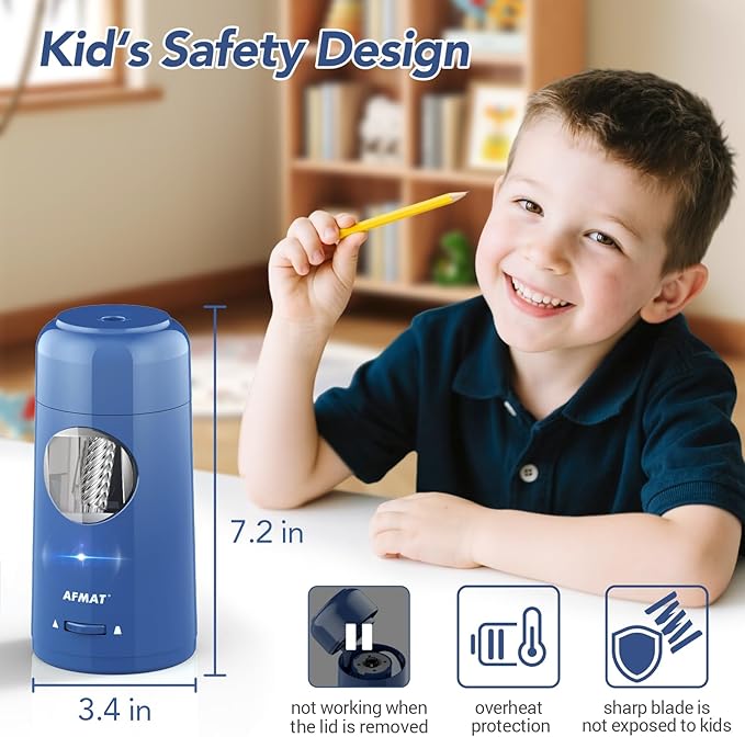AFMAT Electric Pencil Sharpener, Rechargeable Fully Automatic Pencil Sharpener for Jumbo & Colored Pencils (7-11.5mm), Auto in/Out, Hands-Free, Portable for Home/Classroom/Office PSX6(Blue)