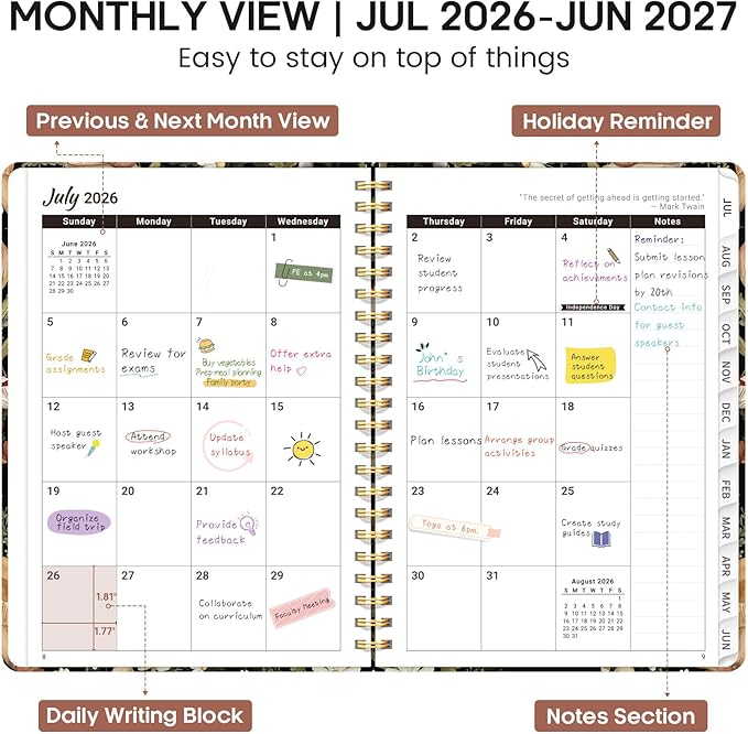 Academic Planner 2026-2027, Weekly and Monthly Calendar Book, July 2026 – June 2027, Hardcover Planner with Tabs, Perfect for Teachers, Students, Women & Men, A4 (8.5" x 11") - Mushroom