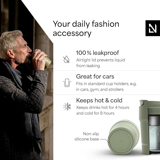 LARS NYSØM Thermo Coffee Mug to go 13oz | Travel Mug 0.38 Liter with Insulation | Silicone grip base | Leak Proof Stainless Steel Tumbler for Coffee and Tea on the Go (Powder Sage Green, 13oz)