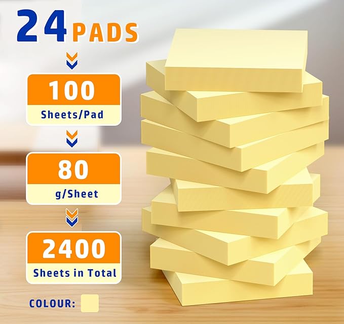 (24 Pack) Sticky Notes Yellow- 2 x 1.5 in, 2400 Sheets Small Notes Pads Self-Adhesive Notes, Self-Stick Pads for Office Supply, School, Family Organizer Pads,Corporate Bulk