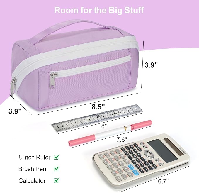 Large Pencil Pouch for Teen Girls, 8 Compartments, Purple | Large capacity pencil case, wide-opening organizer fits calculators, markers, pens; for middle school, high school, college