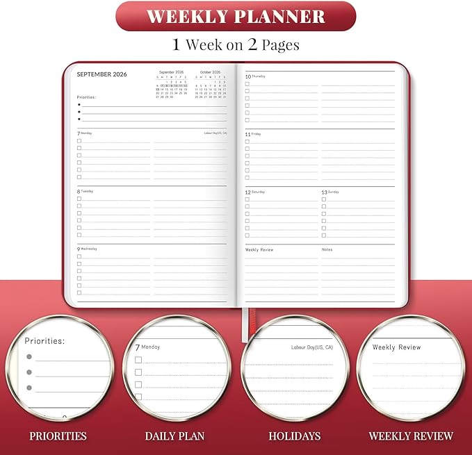 Lonely Oak Academic Planner 2026-2027, A5 Daily Weekly and Monthly Planner 5.75" x 8.4", 13 Months Faux Leather School Year Agenda from Jul.2026 to Jul.2027 for Student and Teacher (Red)