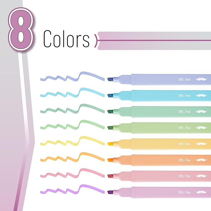 Mr. Pen- Aesthetic Highlighters No Bleed, 8 Pack, Pastel Colors, Chisel Tip, Cute Highlighters Assorted Colors for Journaling, Highlighting, Underlining, Fast Dry, Back to School Supplies
