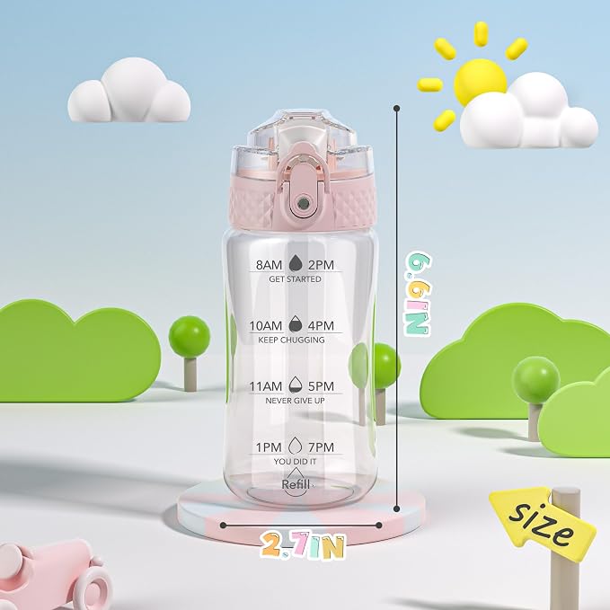 OLDLEY 12oz Kids Water Bottle, Tritan BPA-Free, Leakproof Flip Straw Lid, Motivational Time Marker, Carry Strap, Reusable Clear Water Bottle for Boys & Girls,Cherry Blossom