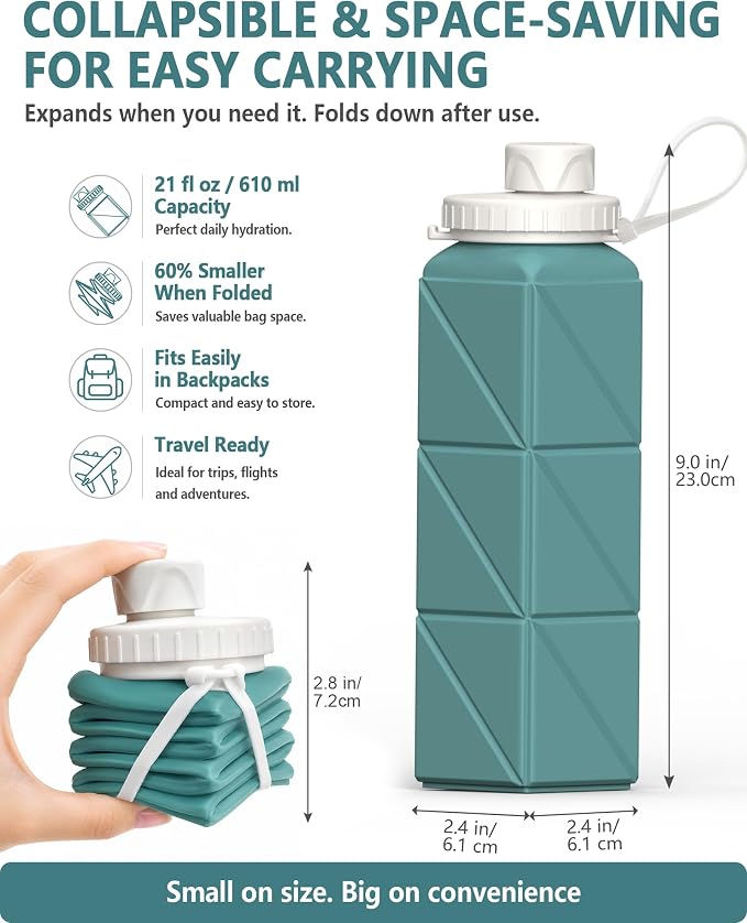 BEAUTAIL Collapsible Water Bottles 21oz/610mL, Silicone Travel Water Bottle | BPA Free, Leakproof & Reusable, Foldable Water Bottle for Traveling, Hiking, Cycling, Gym, School, Sports, Outdoor, 3-Pack