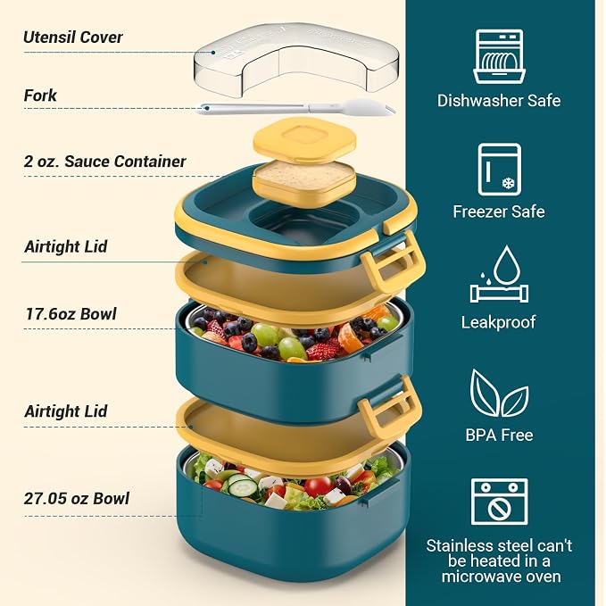 PEDECO Double-Layer Bento Lunch Box for Kids & Adults with Removable Stainless Steel Dividers,Dressing Container,BPA-Free,Dishwasher Safe - Includes Utensil,(Blue,Non-Insulated)