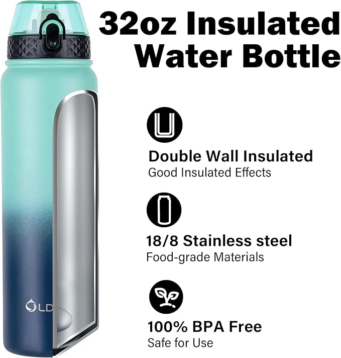 Oldley Insulated Water Bottle 32 oz Stainless Steel with Straw Lid/Chug Lid, Double Wall Vacuum Wide Mouth Sweat/Leak-Proof for Sports Gym Travel Camping (Caribbean Blue)