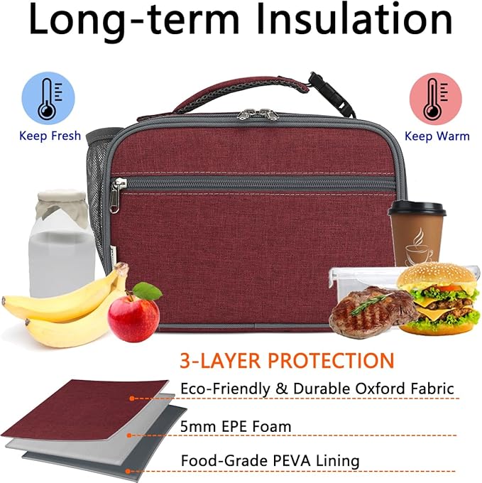 GYEUKHAM Insulated Lunch Box for School, Thermal Reusable Durable Freezable Lunch Bags for Kids Boys Girls Men Women - Small Soft Cooler Portable Lunch Tote Kit for Work Picnic Travel,Dark Red