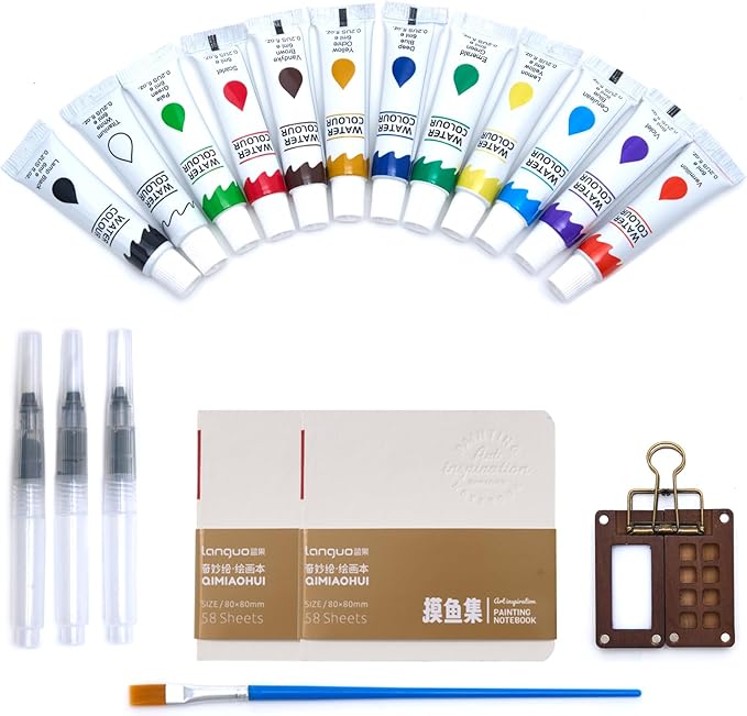 Mini Watercolor Set - 4 Brush, 2 Sketchbook & Portable Watercolor Kit for Travel, Pocket Painting Kit - Compact Design for Artists and Creative Sketching