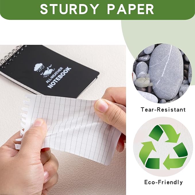 Waterproof Notebook, 4 Pack Pocket Notepad, 3" x 5" Top-Spiral Weatherproof NotePad, All Weather Police Pocket Notebook Mini Memo Steno Note Pads for Outdoor Office School Recording, Black