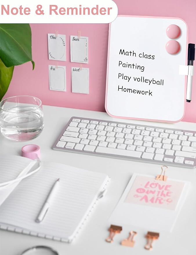 Magnetic Small Dry Erase Board for School Locker, 6" x 8" Small Whiteboard with 4 Marker and 7 Magnets - Mini Drawing Teaching Whiteboard for Classroom, Home, Office, Travel(Pink)