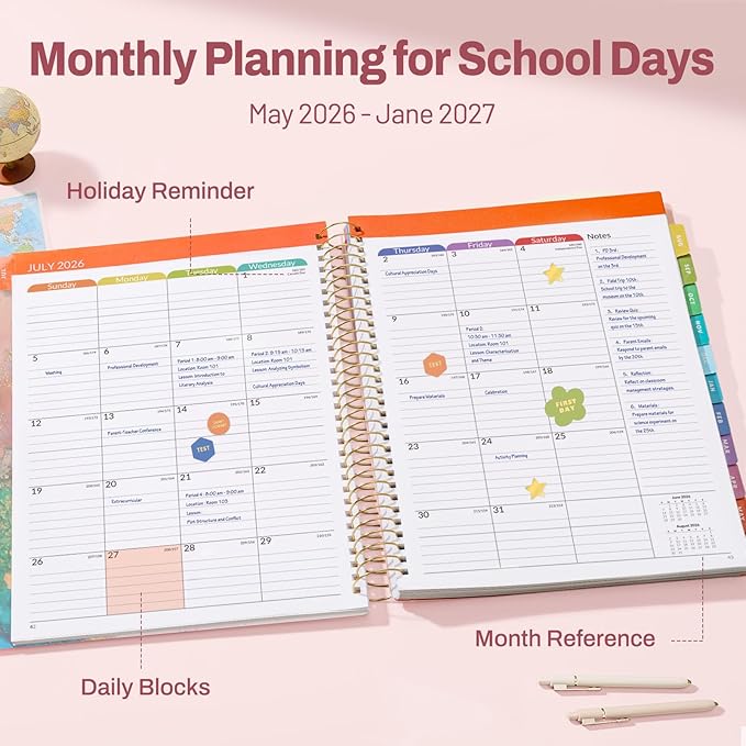 SUNEE Deluxe Teacher Planner 2026-2027, Lesson Planner Book with 7 Periods Jul 2026 - Jun 2027, 8.5" x 11" Weekly and Monthly Organizers with Colorful Tabs, Planning Stickers,120gms Paper, Pink Marble