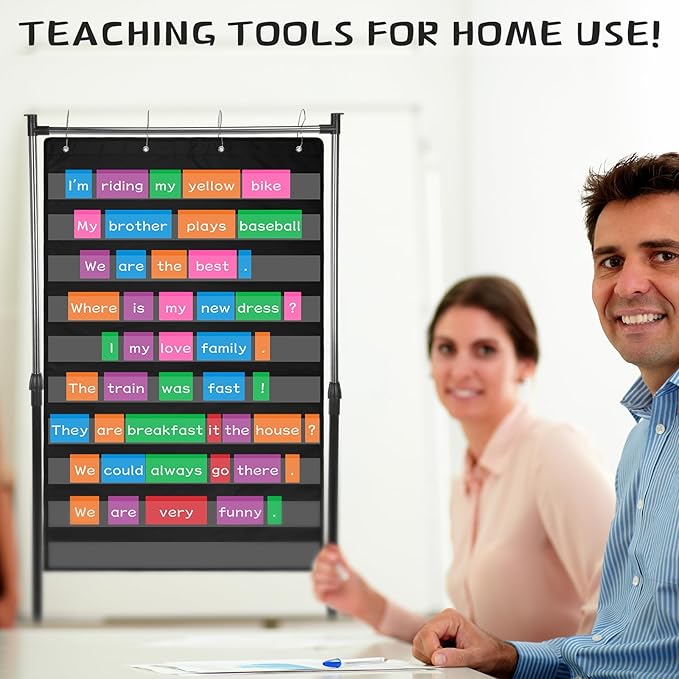 8 Pcs Adjustable Pocket Chart Stand Set Include 1 Standard Pocket Chart 6 Replacement Rings and 1 Adjustable Stand for Classrooms Home Teacher Lessons Educational Tools(Black)