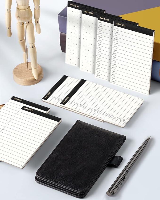 WEMATE 10 Pieces Small Notepad Holder Set Pocket Notebook - Included Mini Pocket Notepad Holder Set with 8 Memo Book Refills and Metal Pen for Meetings, Daily Records, and Notes 3 x 5 Inch (Black)