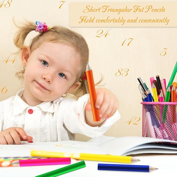 Qilery 30 Pcs Back to School Gift Supplies Short Triangular Fat Pencils Bulk Wood Triangular Jumbo Pencil for Toddler Preschoolers Beginners with Pencil Sharpener and 2 Erasers