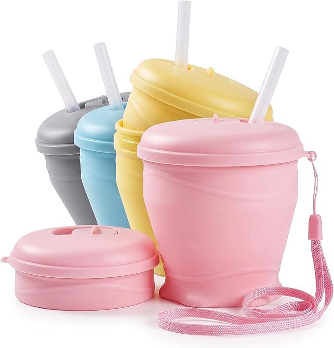 4 Pack Silicone Collapsible Travel Cups with Straws 6oz Foldable Water Cup Bpa-free Folding Camping Mug Small Portable Drinking Cup with Lid for Travel Hiking Summer Outdoors