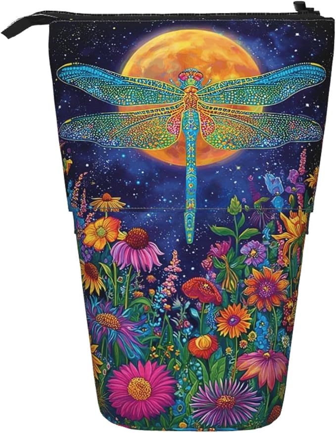 Dragonfly Moon Standing Pencil Case Cute Telescopic Stationary Pouch with Zipper Large Capacity Stand up Pen Bag Portable Makeup Holder for School Office Supplies
