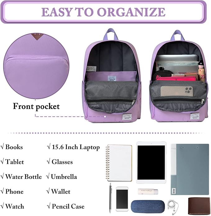 VASCHY School Backpack, Ultra Lightweight Backpack for Women Bookbag for Kids Teen Boys Girls Purple