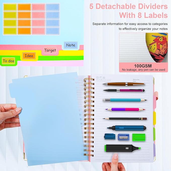 Hardcover Spiral Notebook 6.2"x 8.2" Journal Notebook with Tabs and Removable Dividers 300 Pages 5 Subject Notebook College Ruled, Faux Leather Spiral Bound Notebook for Women School Work (Pink)