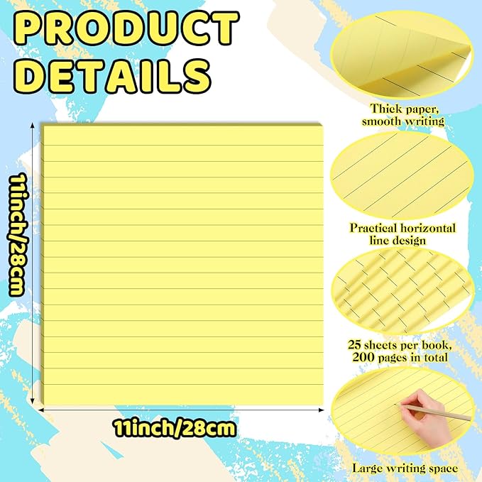 Qeeenar 8 Pads Big Sticky Notes 11 x 11 Inch Lined Jumbo Large Sticky Notes for Wall,Giant Strong Power Memo Square Post for Office, 25 Sheets/Pad (Yellow Color)