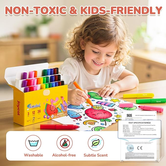 JoyCat 36 Count Scented Washable Markers Bulk, 12 Vibrant Colors (3 of Each) with Fun Fruit Scents, Broad Line Conical Tip Art Supplies, Non-Toxic Classroom Pack for Kids & Toddlers