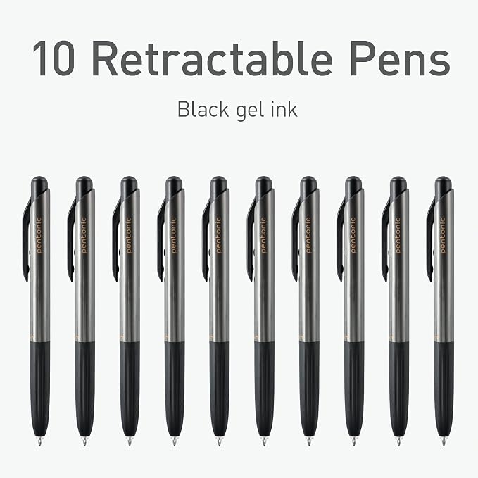 Pentonic G-RT Retractable Gel Pens, 10 Count, Black Ink, 0.7 mm Fine Point, Smooth Writing For Journaling, Note Taking, Office & School (1002363)